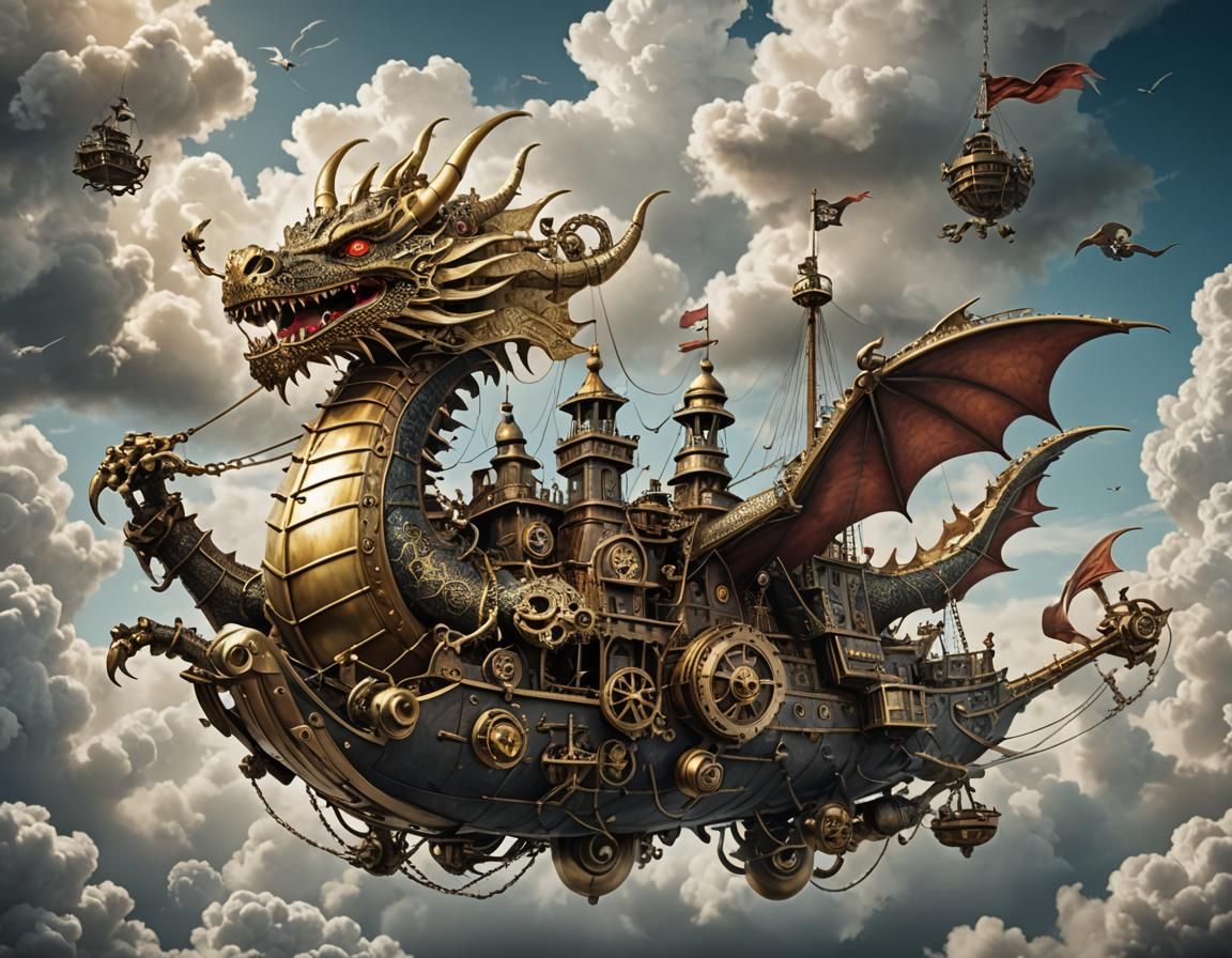 Steampunk Dragon Transports Pirate Ship Through Clouds