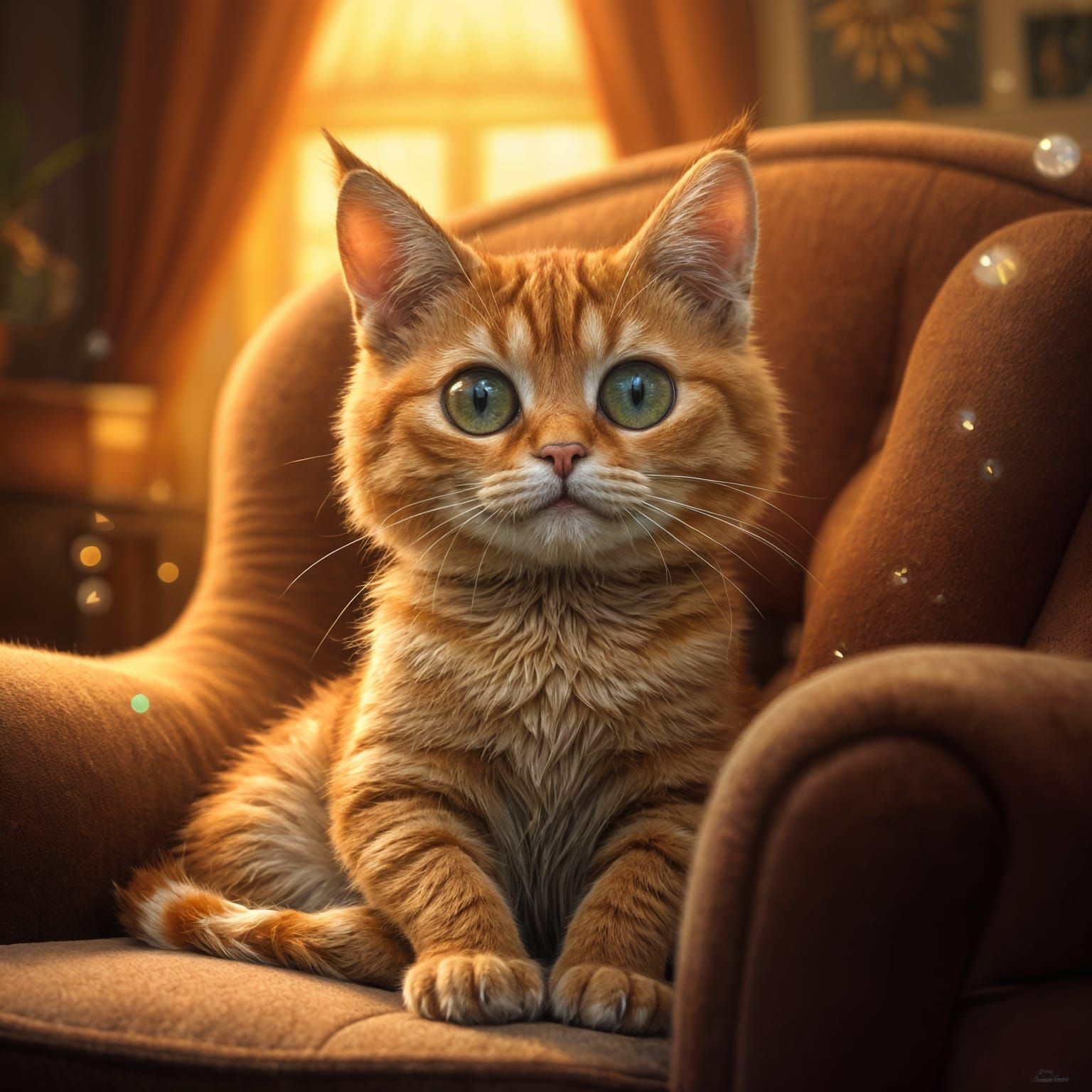 Cute Orange Tabby Cat in Armchair with Magic Motes