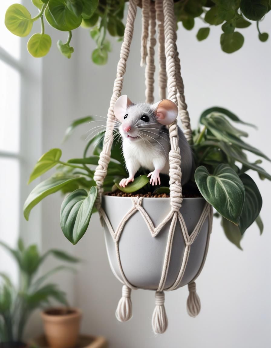 Cute Mouse in Hanging Houseplant Painting