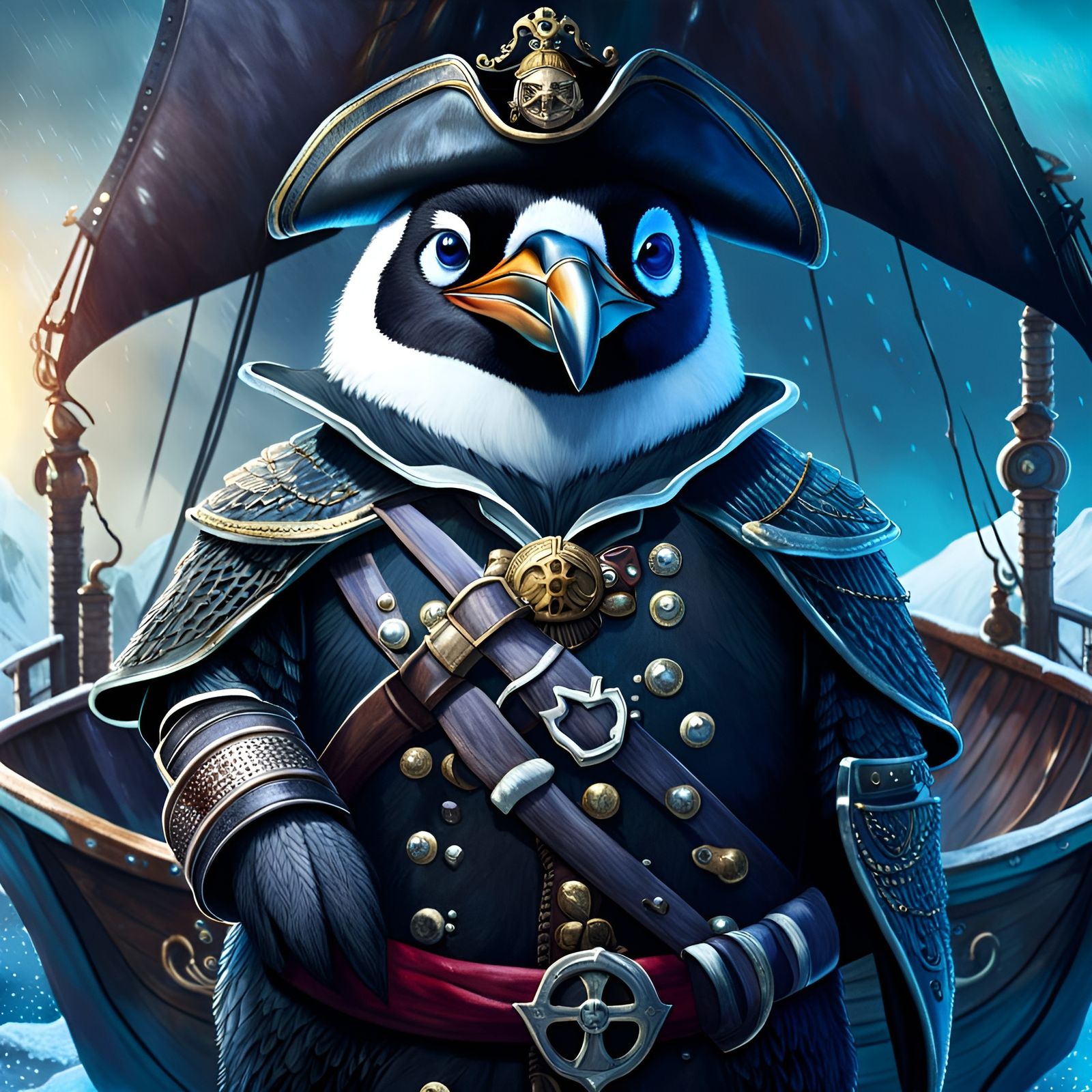 Penguin Pirate on an Icy Sea, Fantasy Art