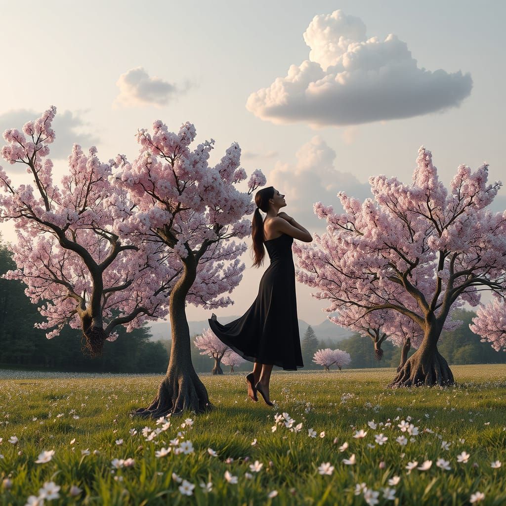 Surreal Cherry Blossom Meadow in Twilight