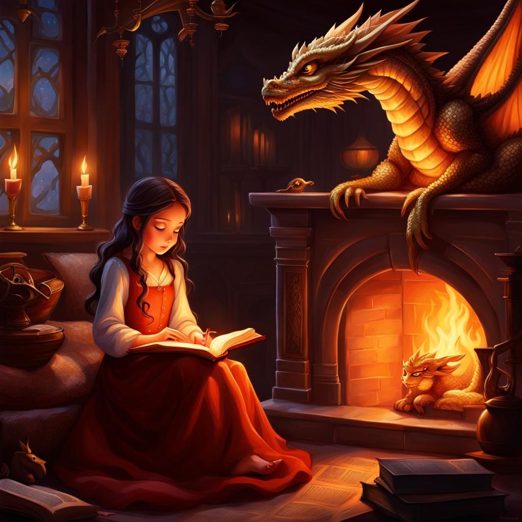 Girl Reading with Dragon by Fireplace