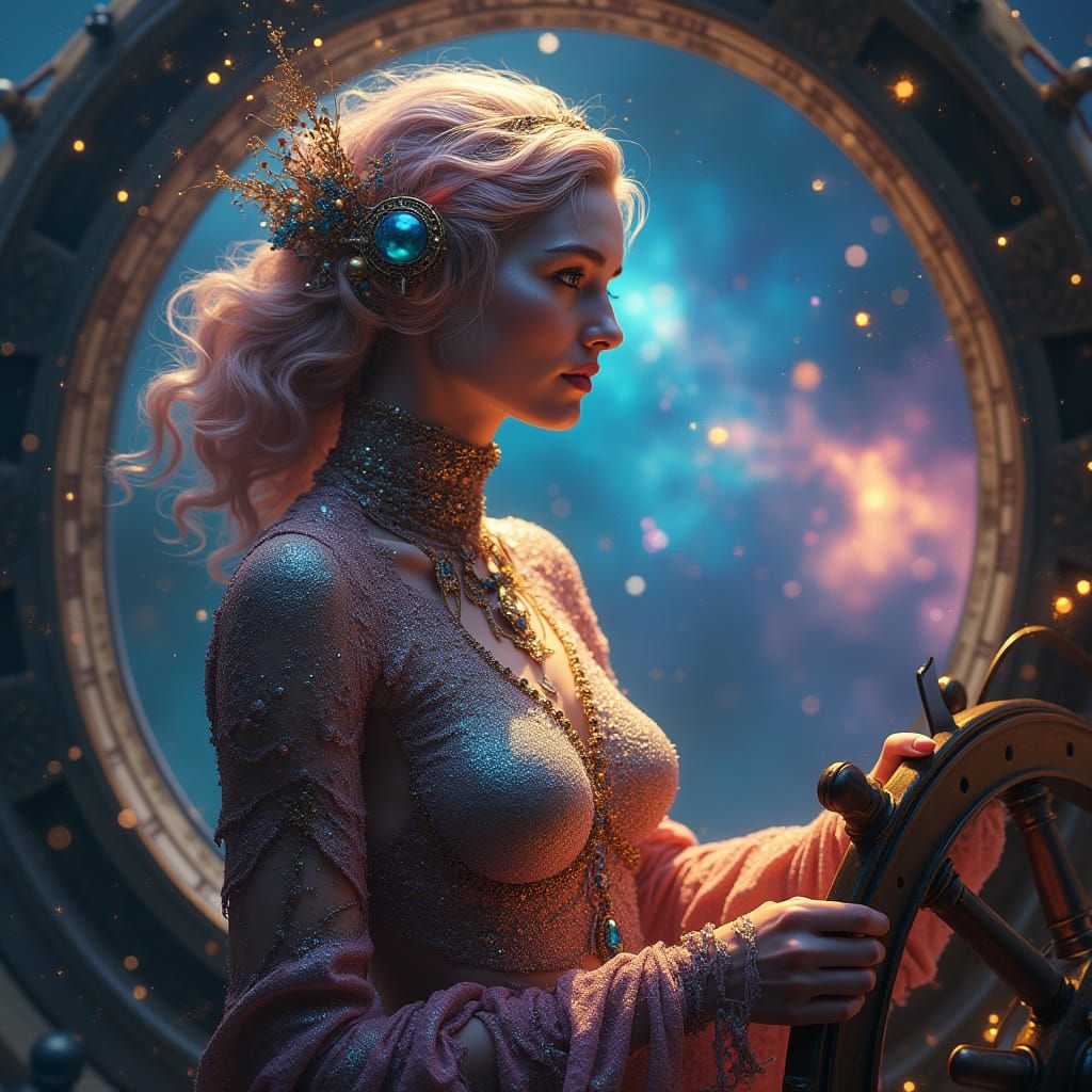 Celestial Navigator at Starship Helm in Hyperrealistic Style