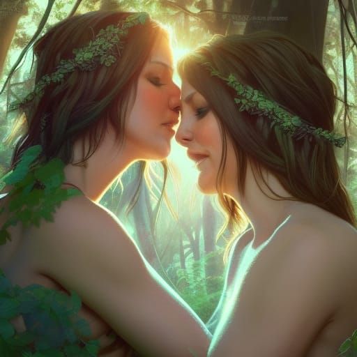 Lesbians Kissing in Forest: Detailed Concept Art Portrait