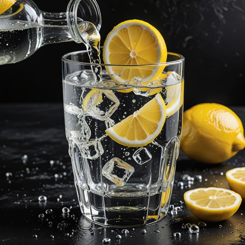 Sparkling Water Poured into Luxury Glass with Lemon