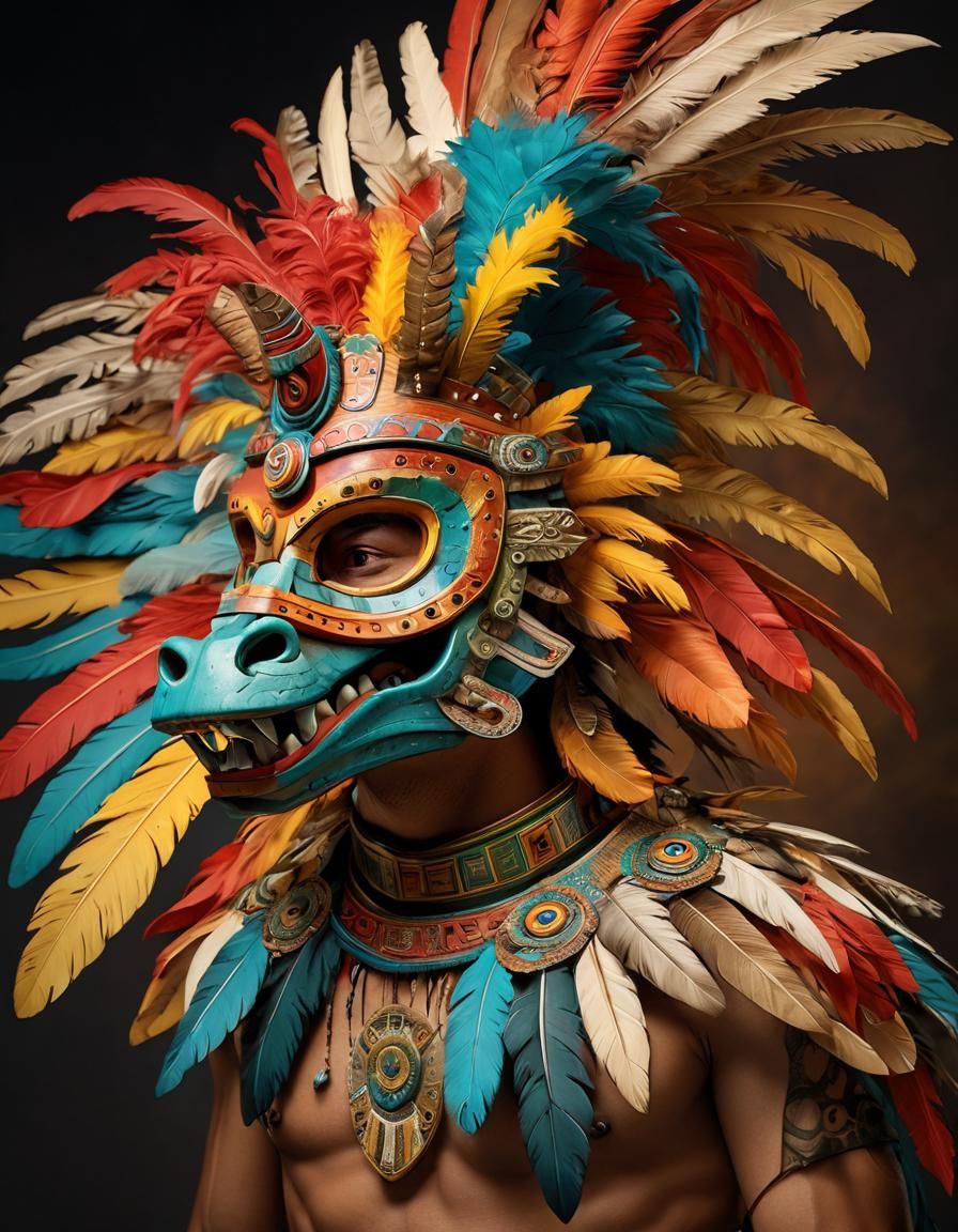 Aztec Quetzalcoatl Mask with Feathers and Design