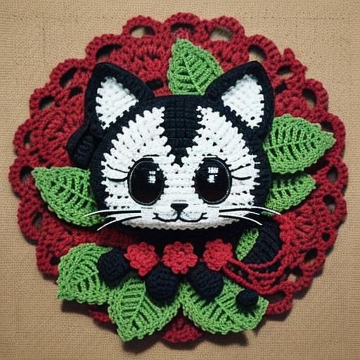 Crocheted Felix the Cat with Floral Background