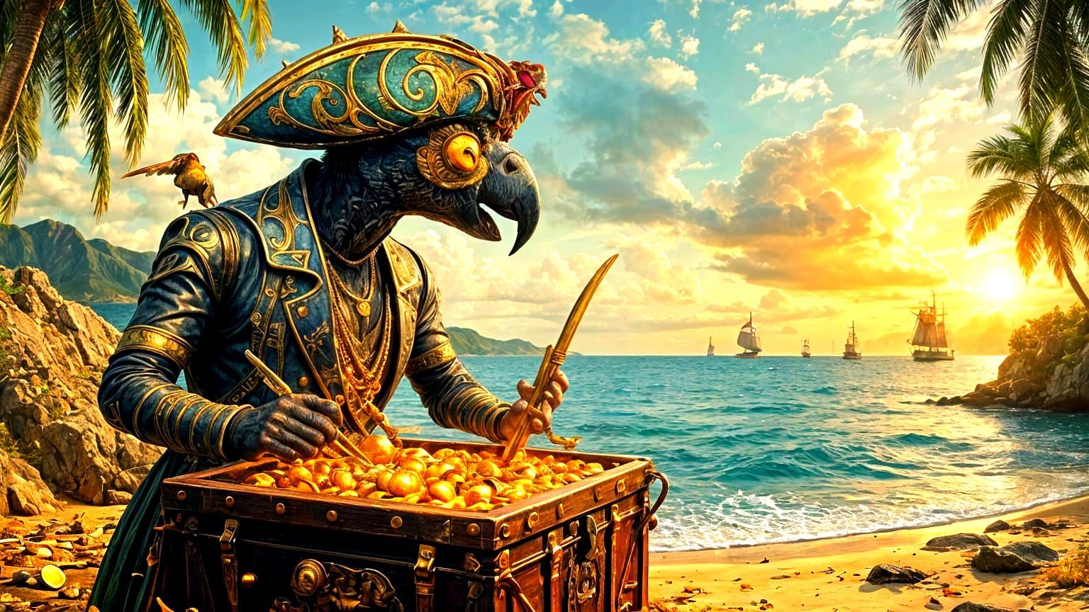Pirate Parrot Guarding Treasure Chest: Digital Art