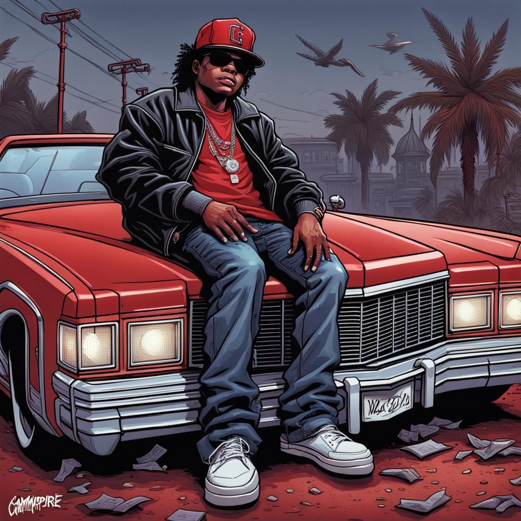 Eazy E as Vampire on Low Rider, Comic Book Art