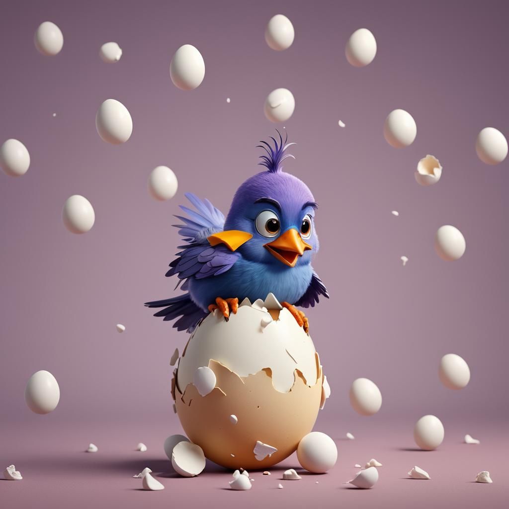 funny, gawky, dopey baby bird just emerging from an upright egg