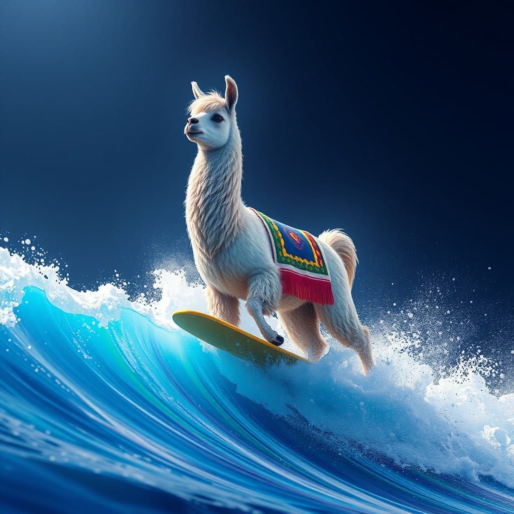 Surreal Llama Rides Vibrant Rainbow Wave in Detailed Matte P...
