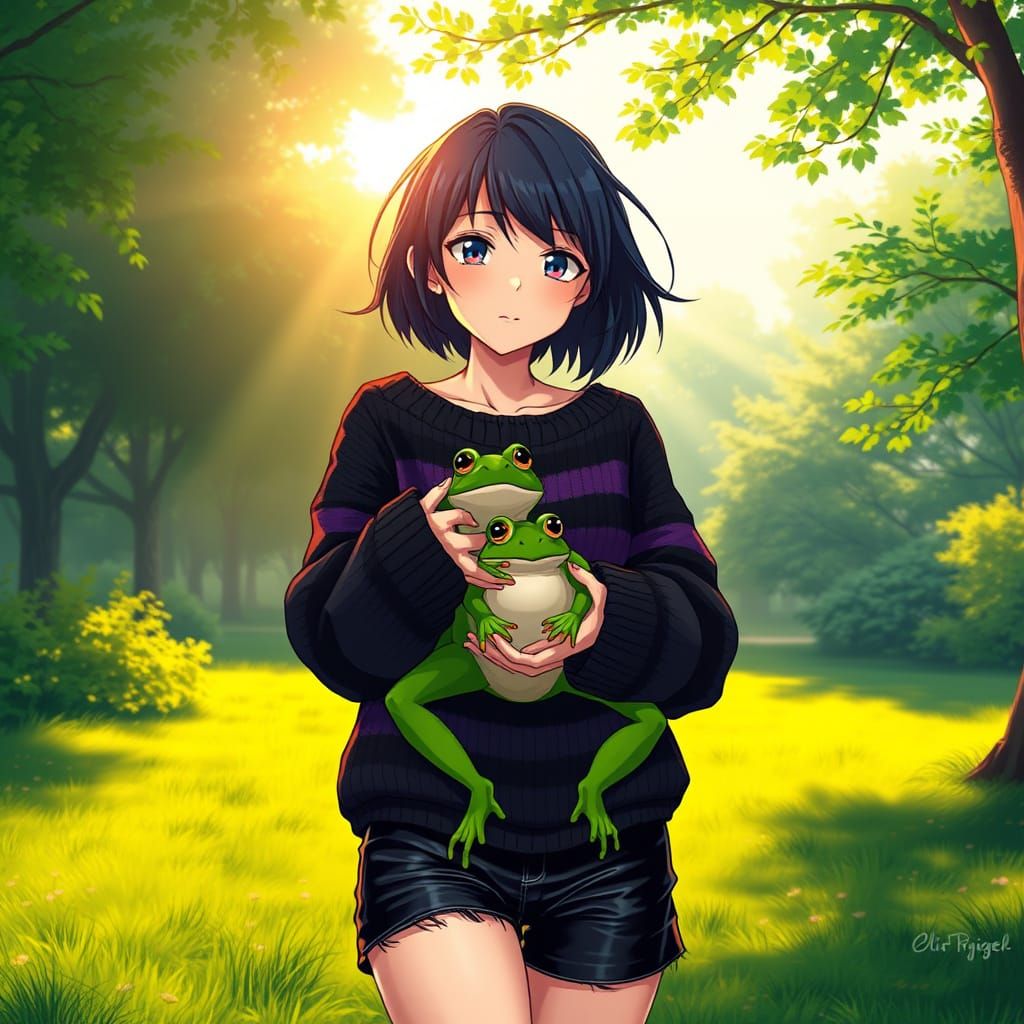 Vibrant Anime Woman with Black Hair and Distressed Sweater