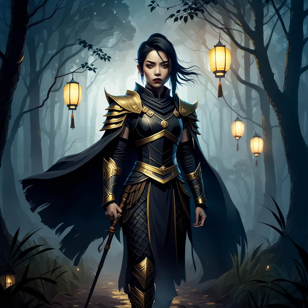 Thai Bounty Warrior in Misty Forest: Dark Fantasy