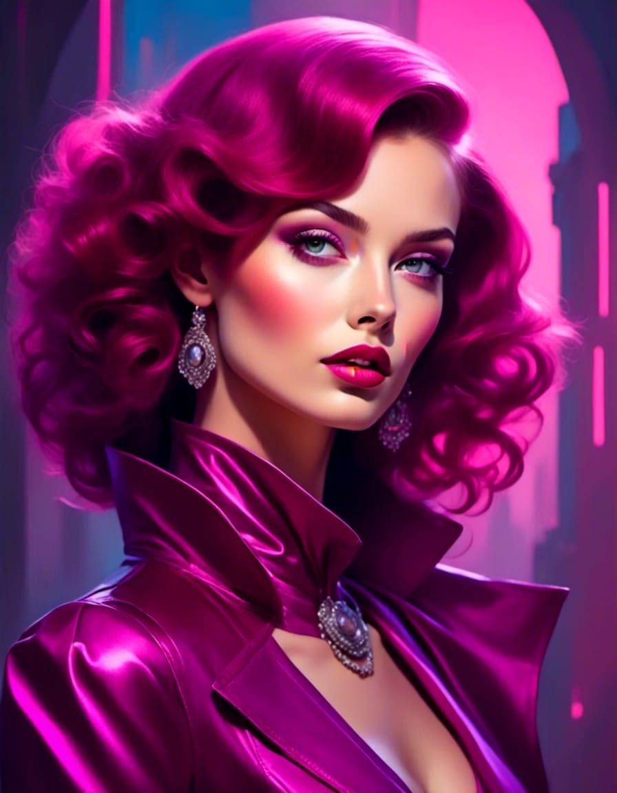 Magenta Haired Star: Retro-Futuristic Watercolor Portrait