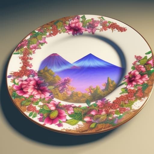 Fuji Apple on Floral Plate: Detailed Matte Painting