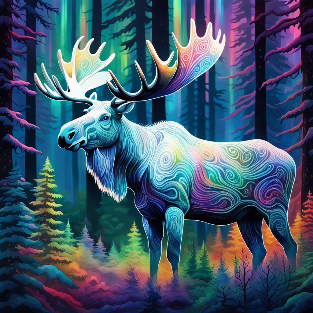 White Moose in Iridescent Forest, Cosmic Surrealism