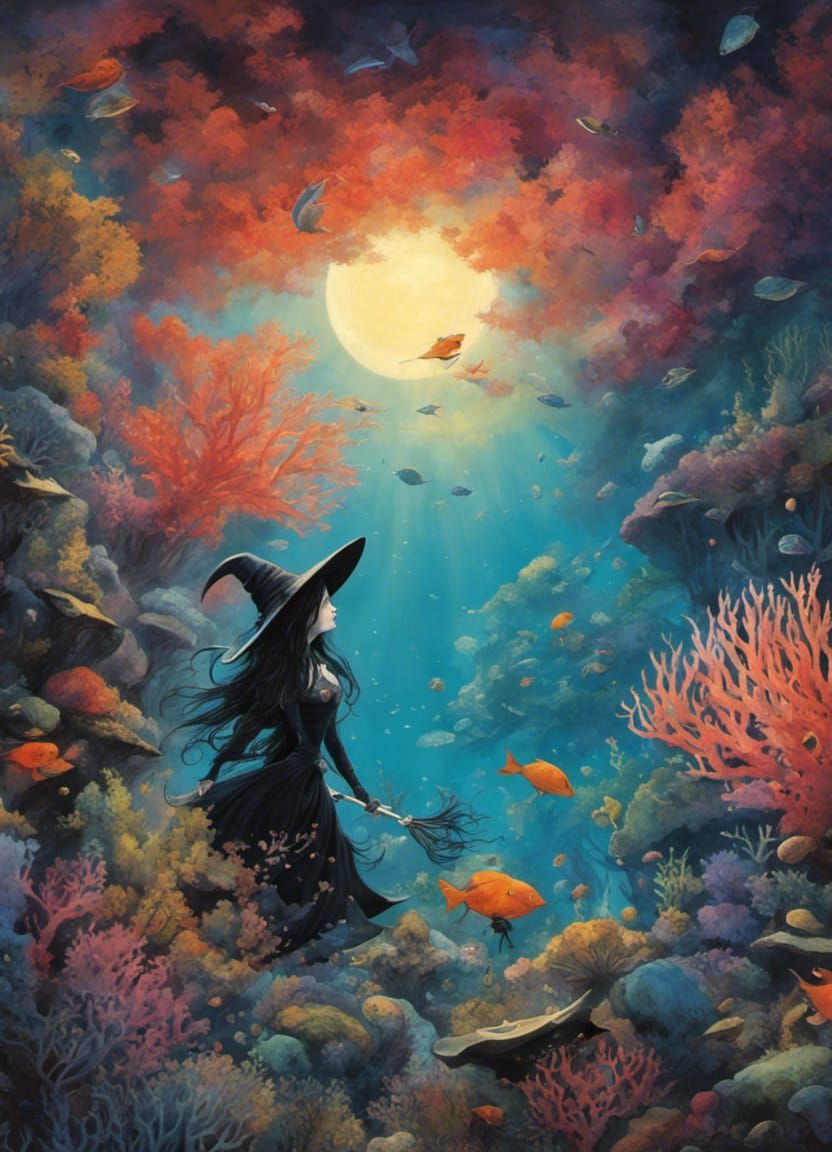 Goth Witch in Coral Reef, Dark Fantasy Art