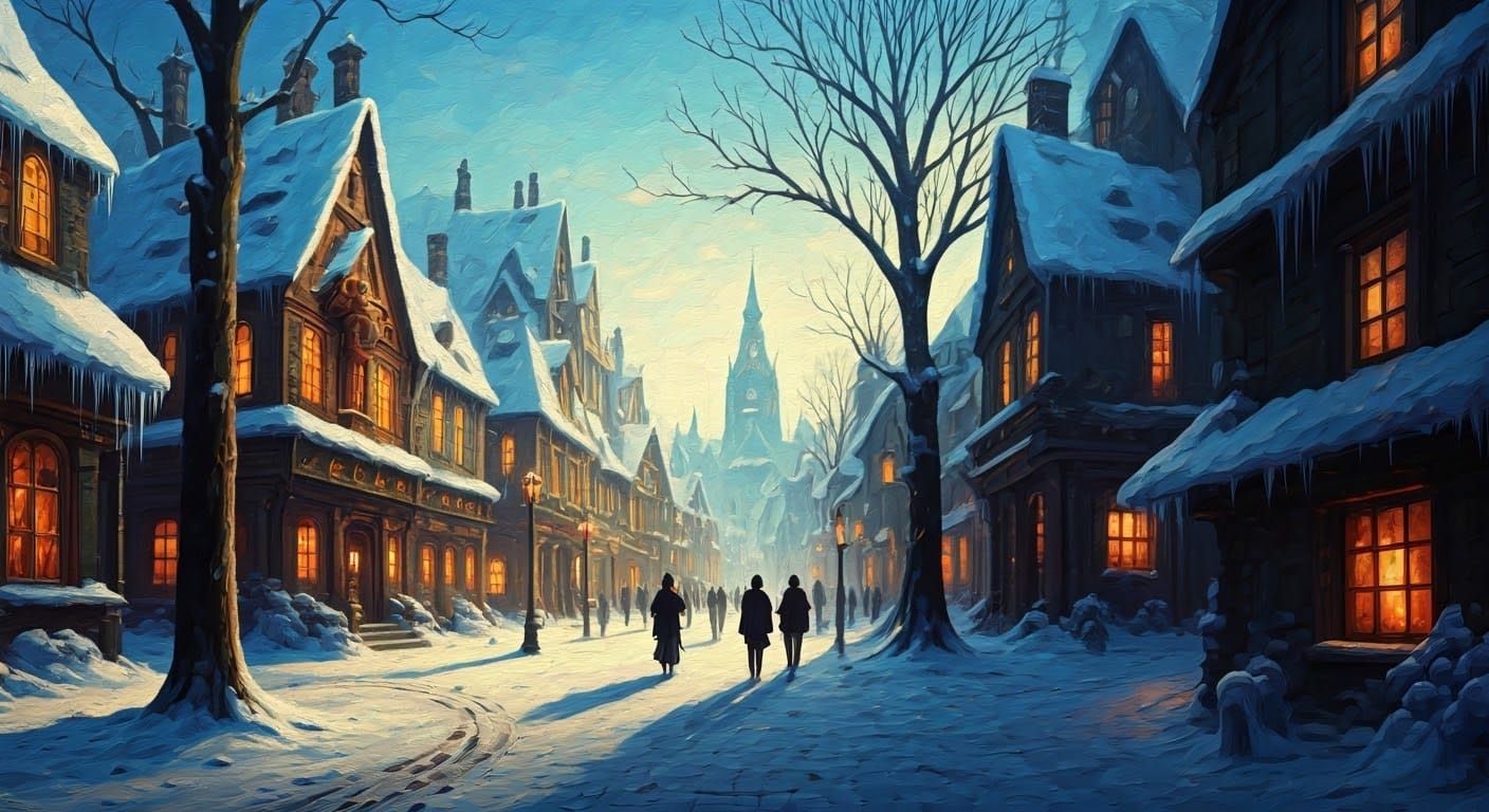 Steampunk Winter Town in Gouache Style