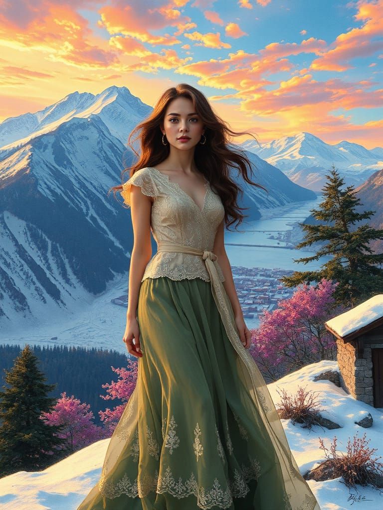 Woman in Contrasting Seasons with Abstract Patterns