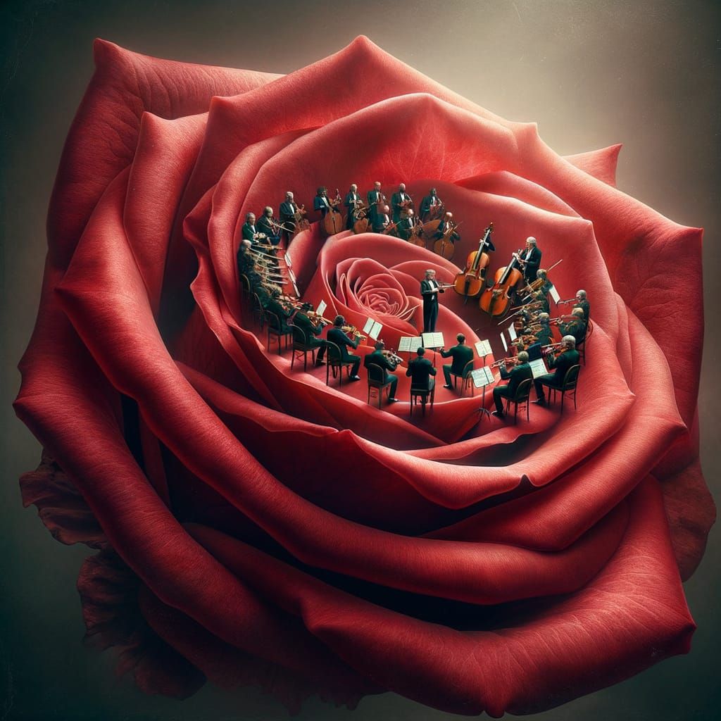 Orchestra on a Rose: A Surreal Dreamscape