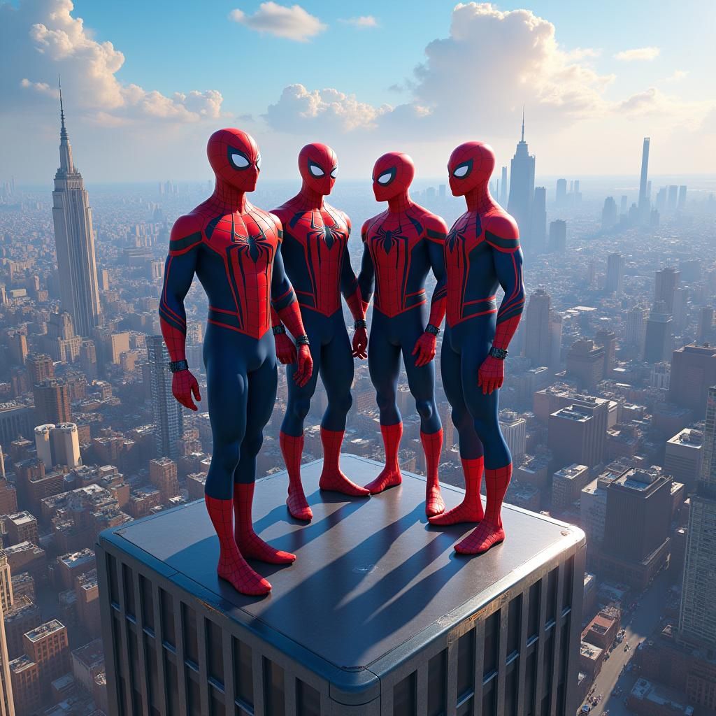 Spider-Men on Skyscraper Rooftop, Digital Art