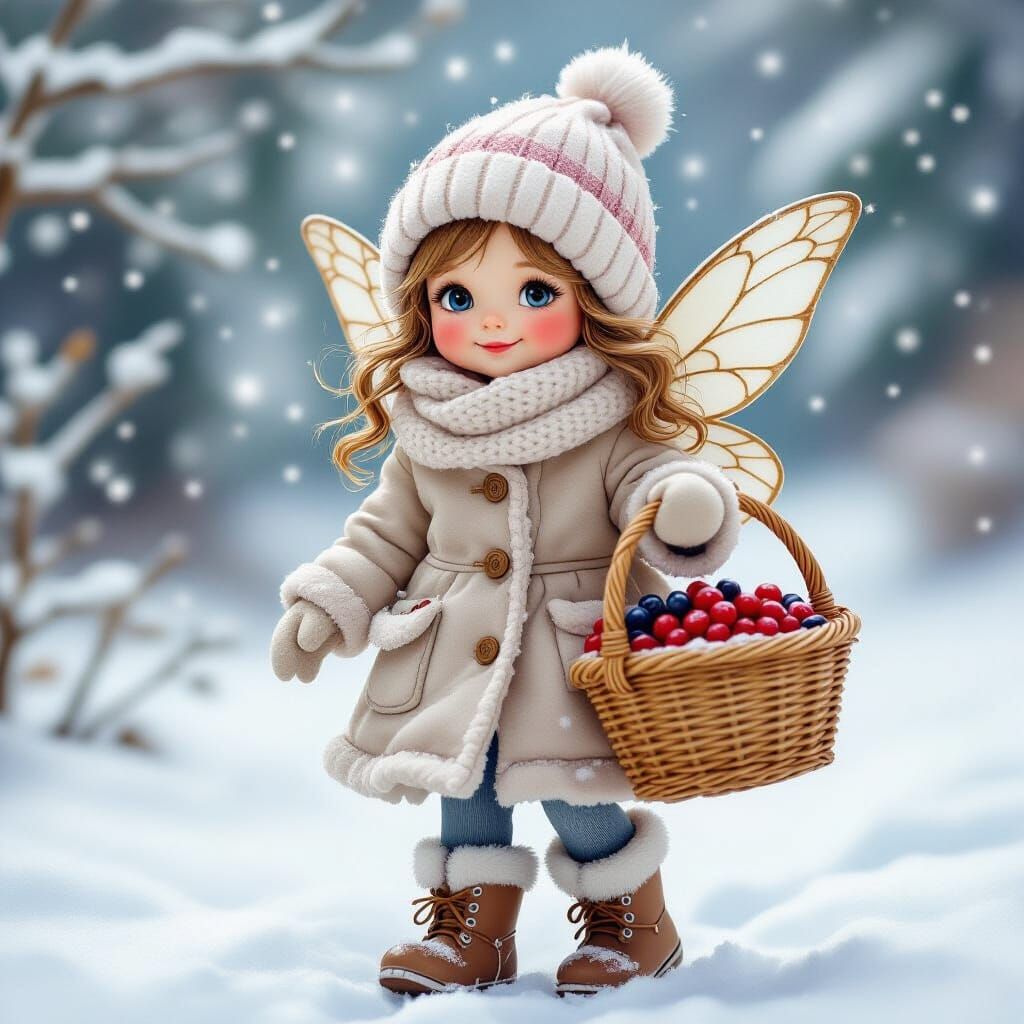 Cute Winter Fairy with Berry Basket, Magical Sparkles