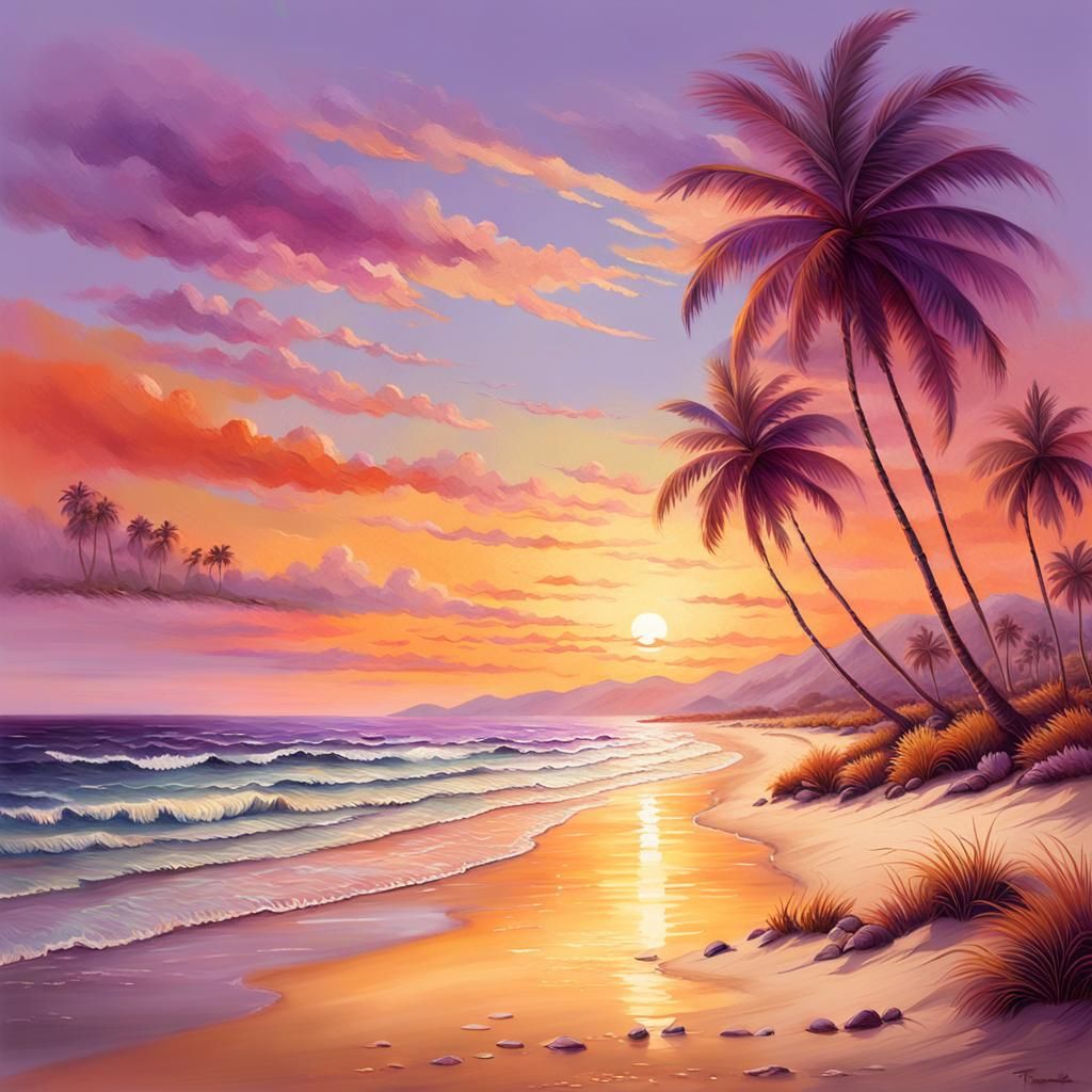 Surreal Tranquil Beach Scene at Sunset