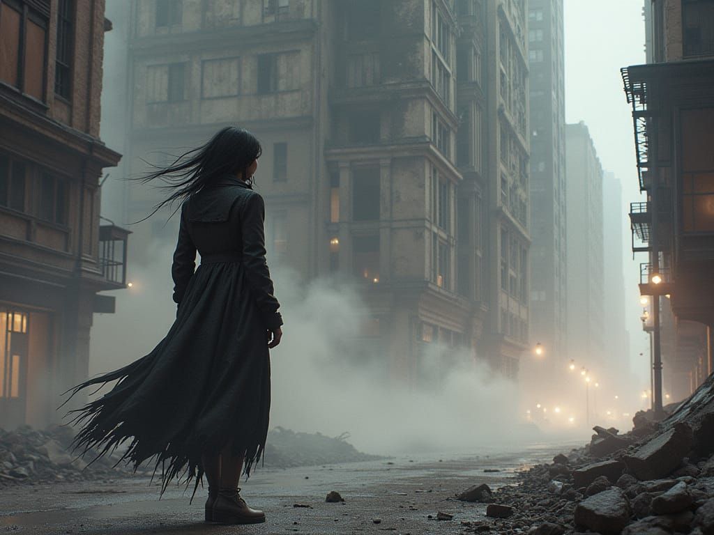 Dystopian Woman in Abandoned Cityscape