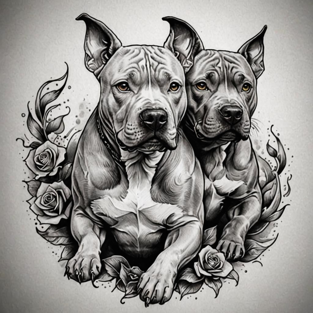 Pitbull Tattoo Design Featuring Two Dogs