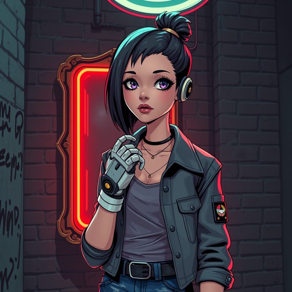 Android Girl in Cyberpunk Style with Neon Lights