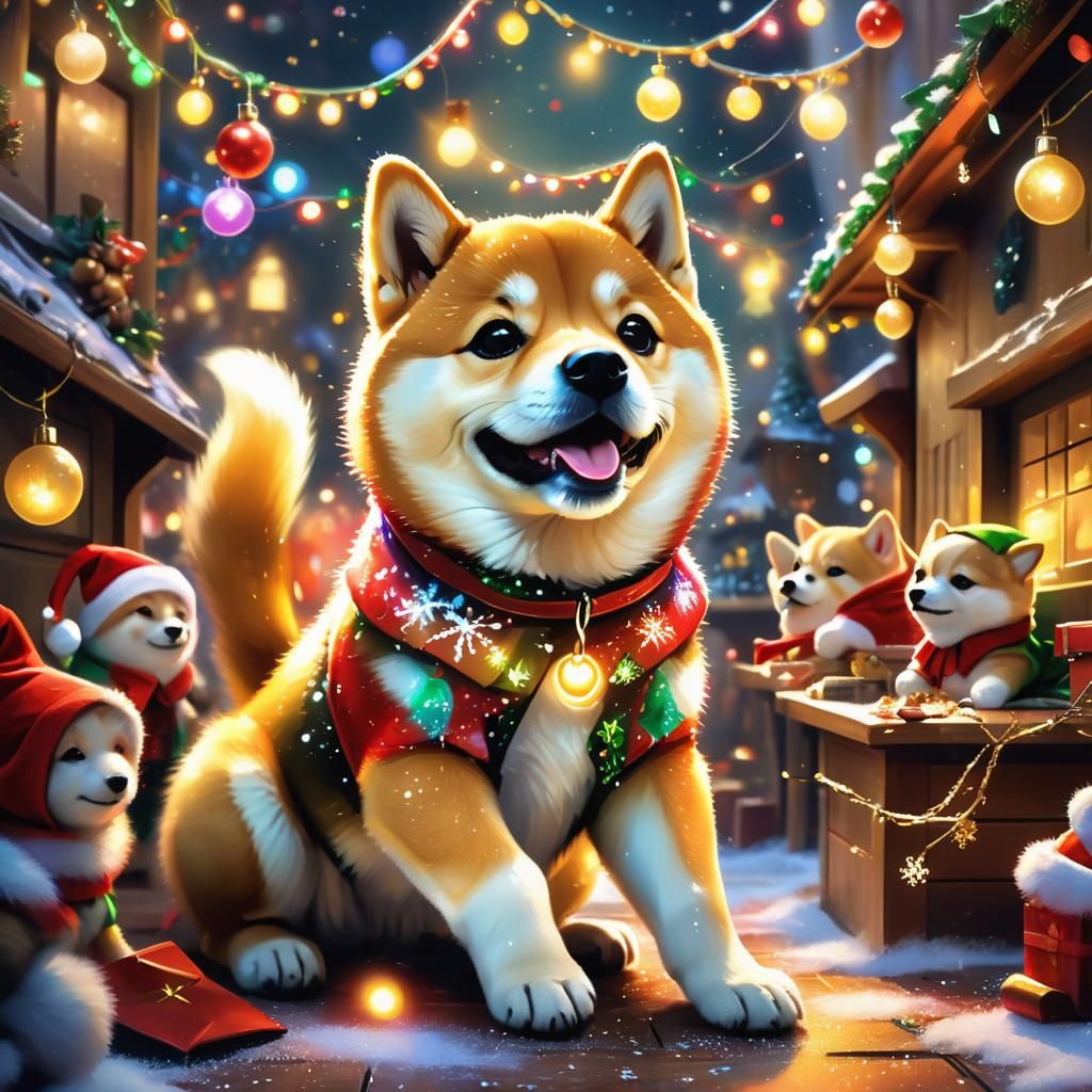 Vibrant Hyperreal Shiba Puppy at Santa's Workshop