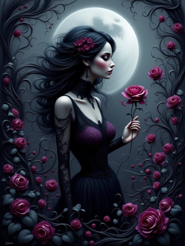 Beautiful Woman in Moonlit Gothic Garden