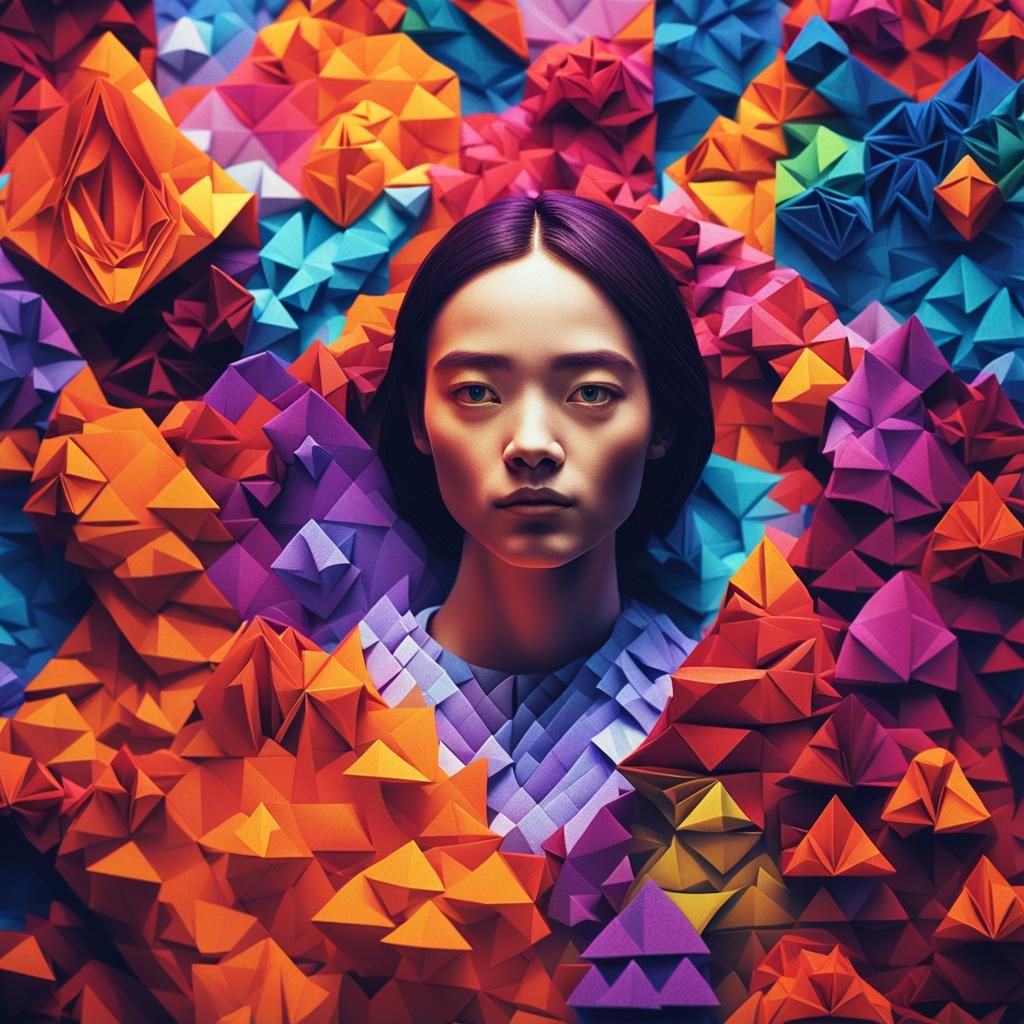 Pixel Woman in Origami Dreamscape