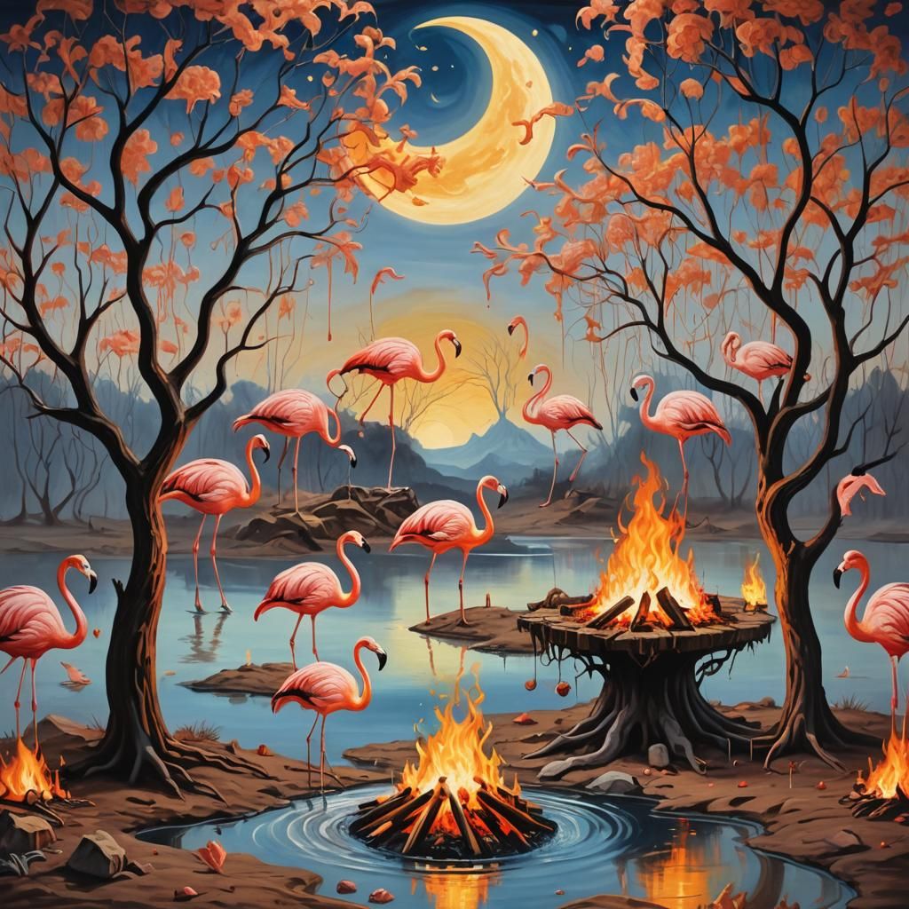 Flamingos Dance Around Bonfire in Surrealist Style