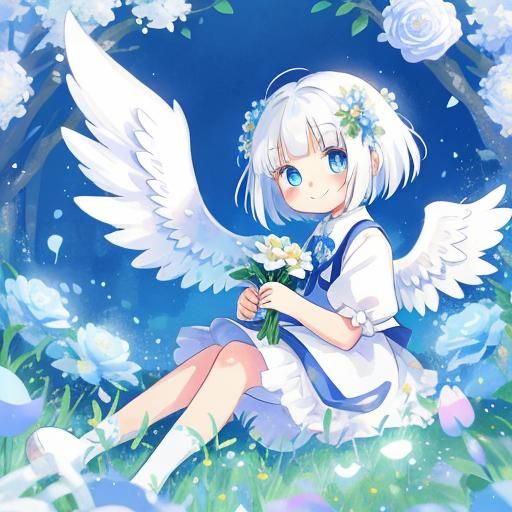 Smiling Girl with Angel Wings in Flower Bed