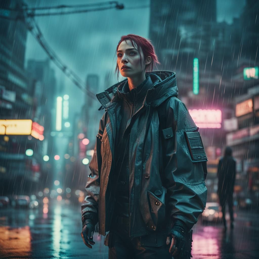 Cyberpunk City: Sci-Fi Protagonist in Cinematic Film Still