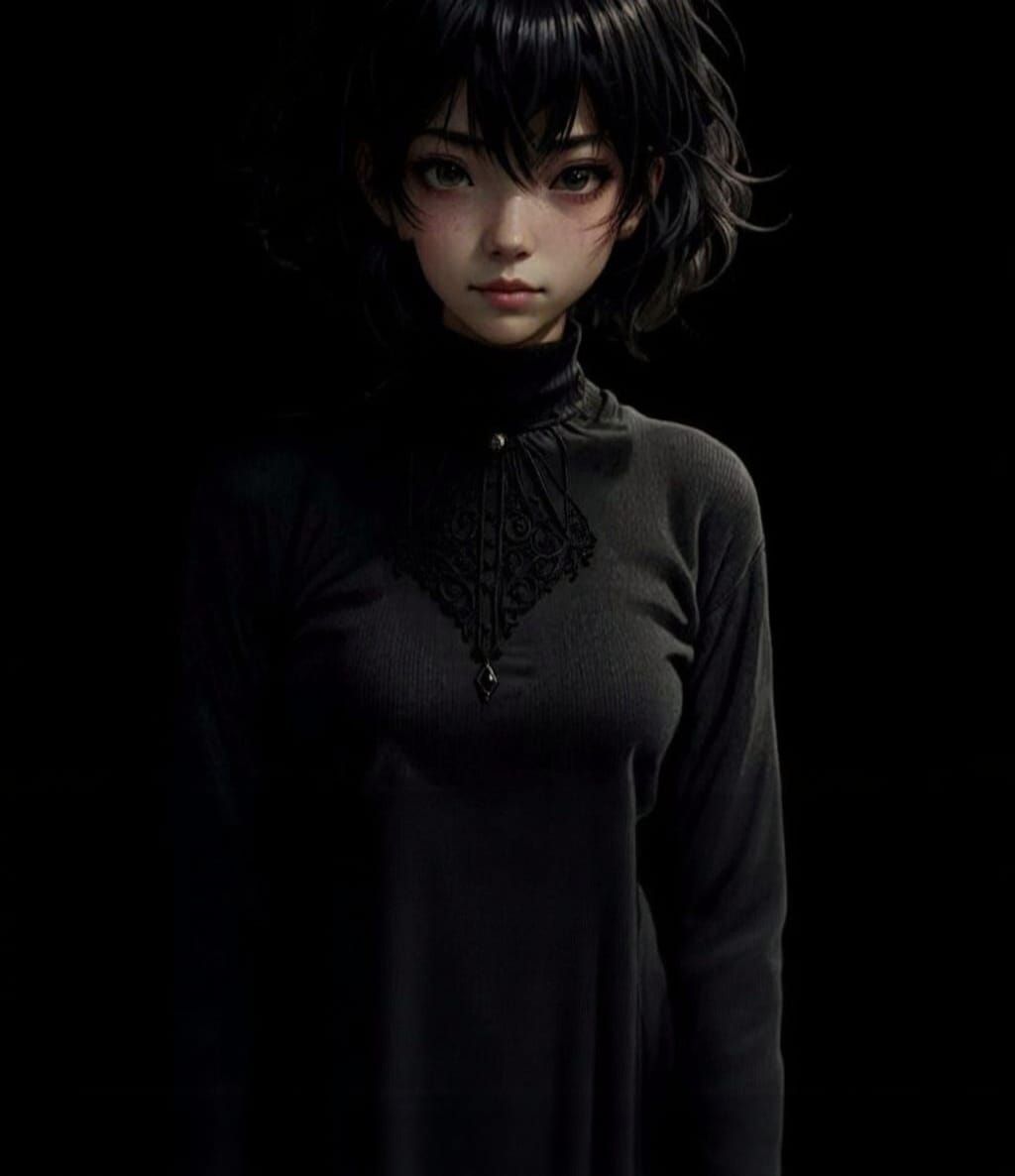 Gothic Anime Girl Smiling in Semi-Realistic Style