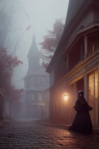 Victorian Ghost Haunts Halloween Town, Hyper-Realistic Illus...