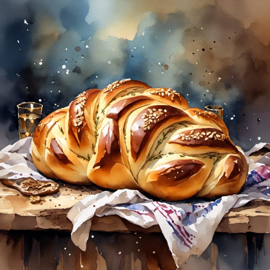 Watercolor Shabbat Challah Bread Illustration