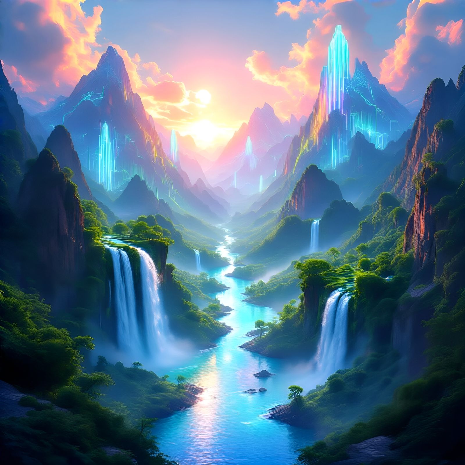 Digital Utopia: Neon Mountains and Waterfalls