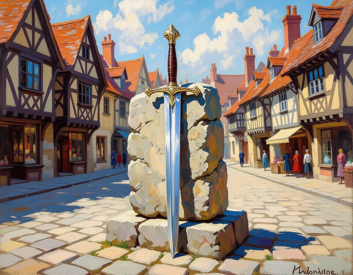 Impressionist Oil Painting of Sword in Stone