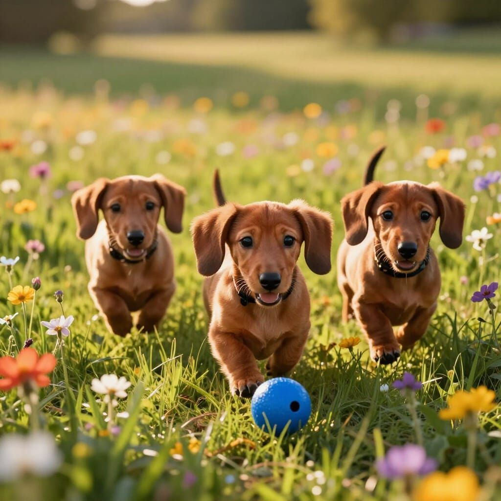Three Red Dachshund Puppies Play in Flower Field