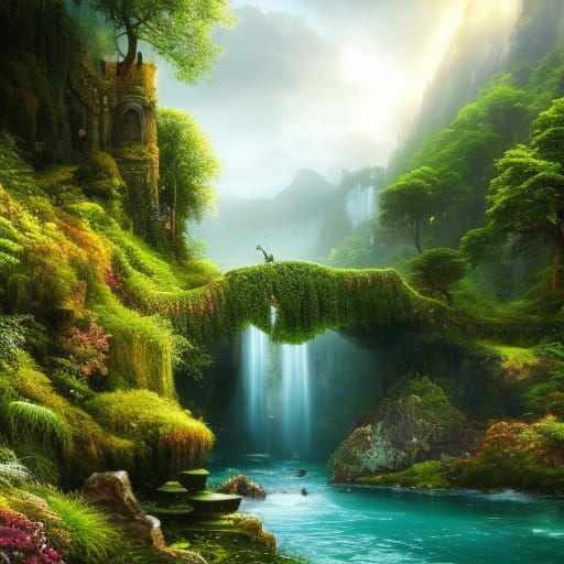 Steampunk Bridge in Rococo Jungle, Hyperdetailed 8K