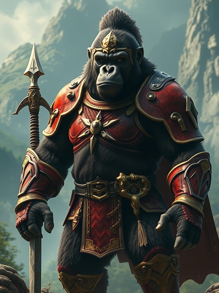Majestic Gorilla Knight in Red and Gold Armor