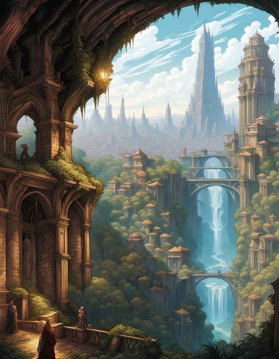 Epic Hanging Garden City in High Fantasy Style