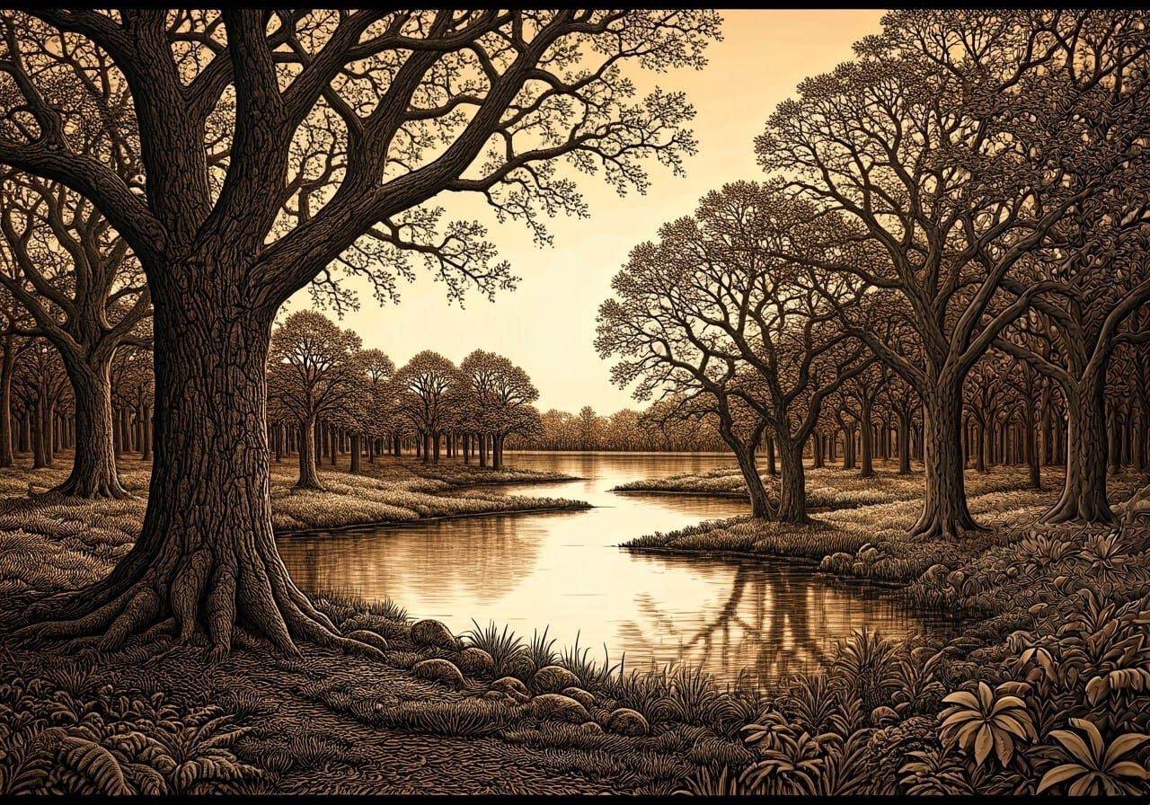 Serene Landscape Ink Drawing of Lake and Oak Trees at Dusk