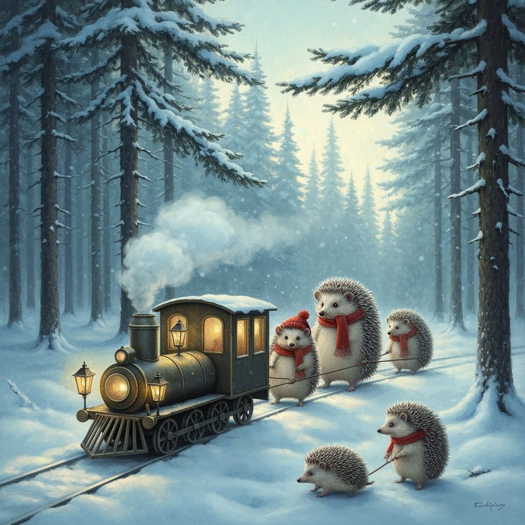 Hedgehogs Pull Miniature Train Through Snowy Forest