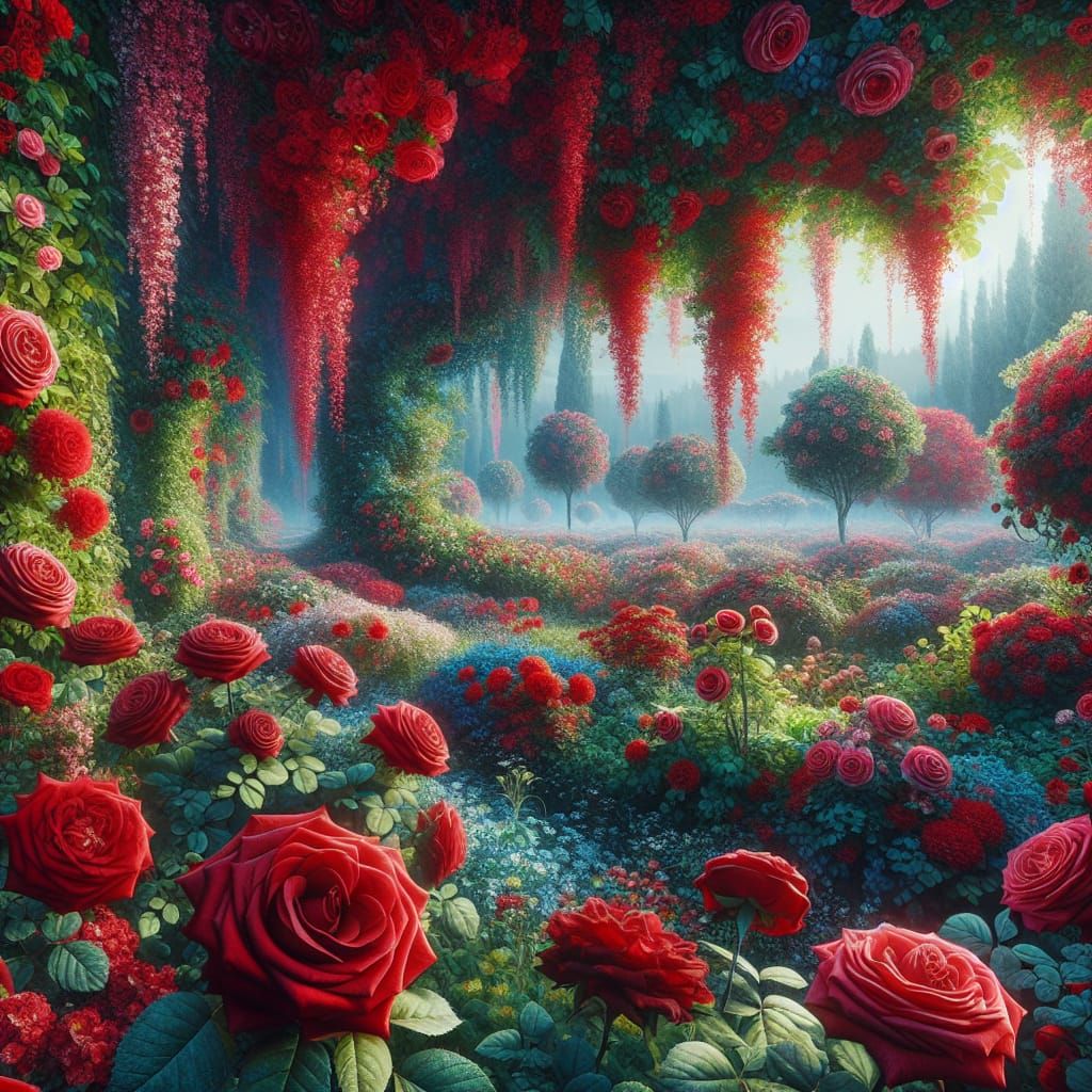 Lush Garden of Red Roses: Fantasy Concept Art