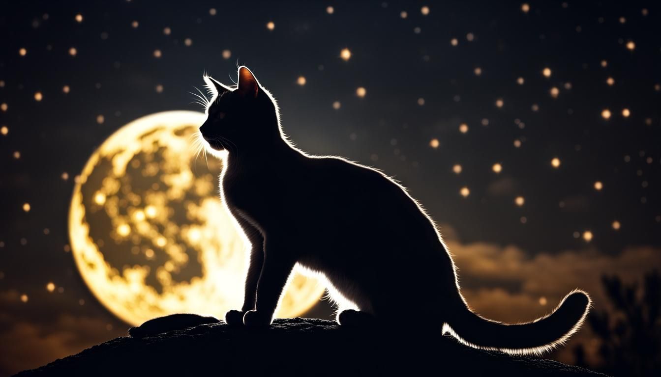 Cat Silhouette on Full Moon: Bokeh Photography