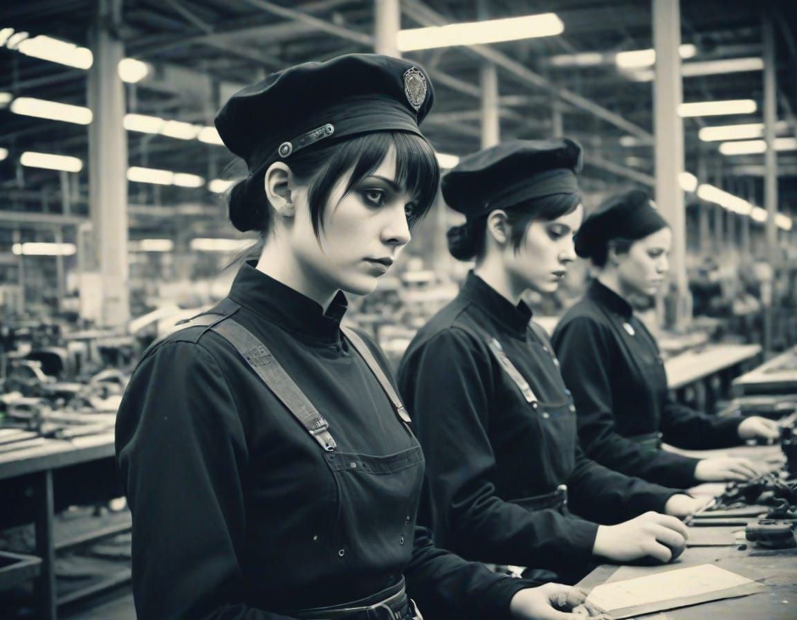 Gothic Factory Workers in Worn Instamatic Photo